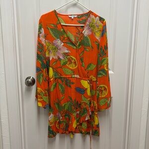 Blue Island Tropical‎ Orange Citrus Print Vacation Faux Wrap Ruffle Mini Dress S
